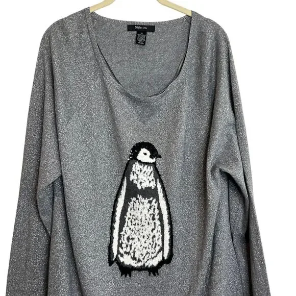 Style & Co Womens Sweater XL Gray Metallic Penguin Holiday Pullover Long Sleeve - Picture 3 of 6
